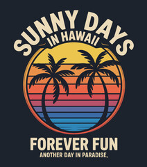 Experience the tranquil vibe of Hawaii with this beautiful illustration depicting palm trees and a stunning sunset reflected over the ocean's calm surface.