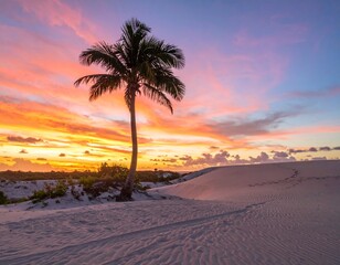 Tropical Sunset: Palm Tree Silhouette on White Sand Beach