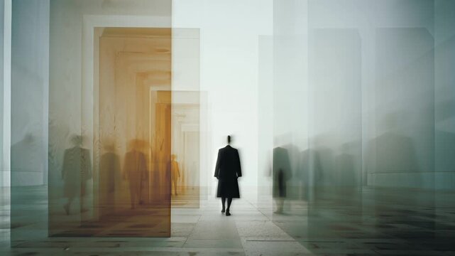 Liminal space, a mental cityscape with blurred figures and muted tones evokes urban nostalgia, isolation, and introspective calm in a dreamlike, atmospheric setting