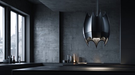 A minimalist pendant light shaped like a bat hanging over black kitchen counter, empty space underneath