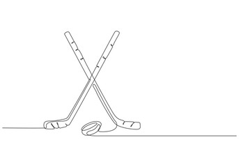 Female Hockey Player in Action Line Art, Hockey Stick and Puck Continuous Line Drawing, Hockey Stick, Puck, and Ice Line Art, Hockey sticks crossed over a puck, simple linear drawing
