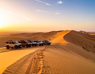 Desert Adventure: Off-Road Vehicles on Sand Dunes at Sunset
