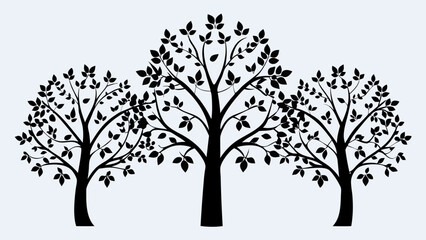 Silhouette of three trees with leaves and branches against a light background in a simple design