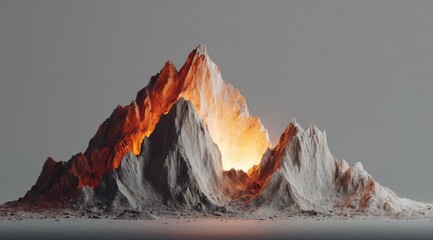 A majestic mountain peak, sculpted in light beige and orange tones, illuminated from within