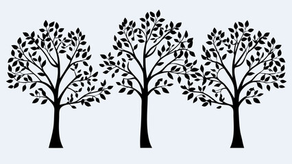 Three black silhouette trees with leaves on a white background in a simple vector illustration