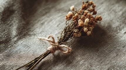 Obraz premium An overhead of single dried flower bouquet tied with twine on raw cotton fabric, witchy autumn minimalism