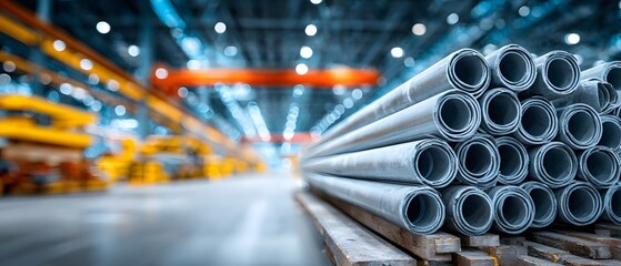 Wide shot of a neatly arranged stack of PVC pipes in a large, bright industrial warehouse, creating a compelling and neat geometric pattern.