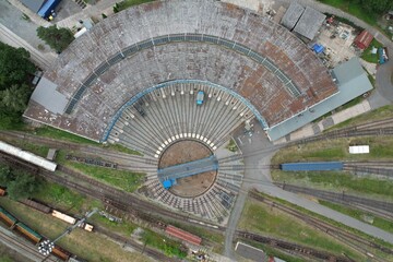 Railway turntable for locomotives aerial view train turntable