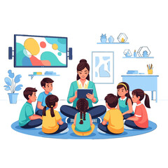 Teacher Reading Story on Tablet to Students