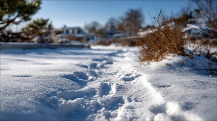 A snowy path winds through a winter landscape, showcasing tracks in the pristine snow.
