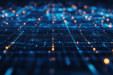 Futuristic blue digital network grid with glowing data points and connectivity lines