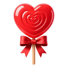 Red Glossy Heart Lollipop with Ribbon, Transparent Background, 3D Realism Design Element