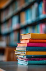 Stack of colorful books arranged on a table in a library with blurred shelves in the background