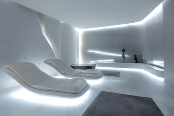 Modern futuristic living room design with ambient led lighting and sleek furniture