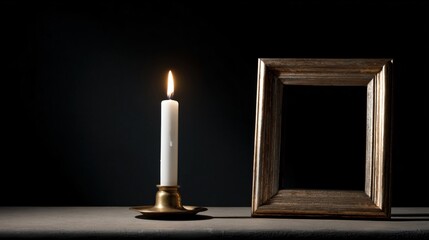 A thin white taper candle burning in a brass holder beside empty antique picture frame, shadow-heavy