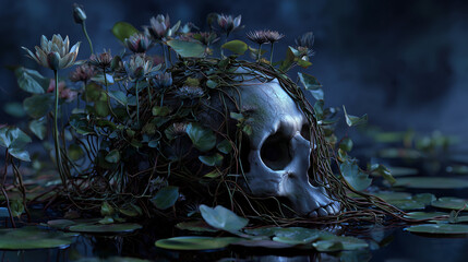 A skull is partially covered with green plants and flowers, surrounded by water lilies and leaves, creating a mysterious and natural scene.