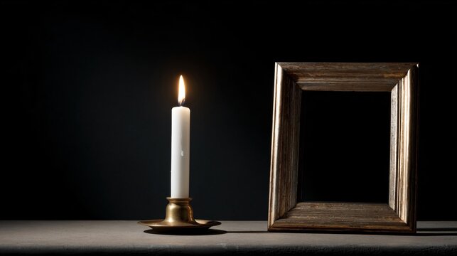 A thin white taper candle burning in a brass holder beside empty antique picture frame, shadow-heavy