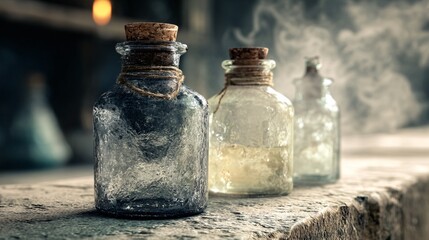 A three glass potion bottles: one filled, one empty, one foggy; arranged in descending height order on stone shelf