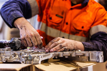 hands of mechanic in high-vis working in industrial workshop repairing vehicle engine
