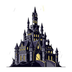 Obraz premium Vector illustration of a gothic medieval castle in the night sky over a town in Europe