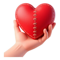 Red Stitched Heart in Hand, Clear Background, 3D Realism Graphic