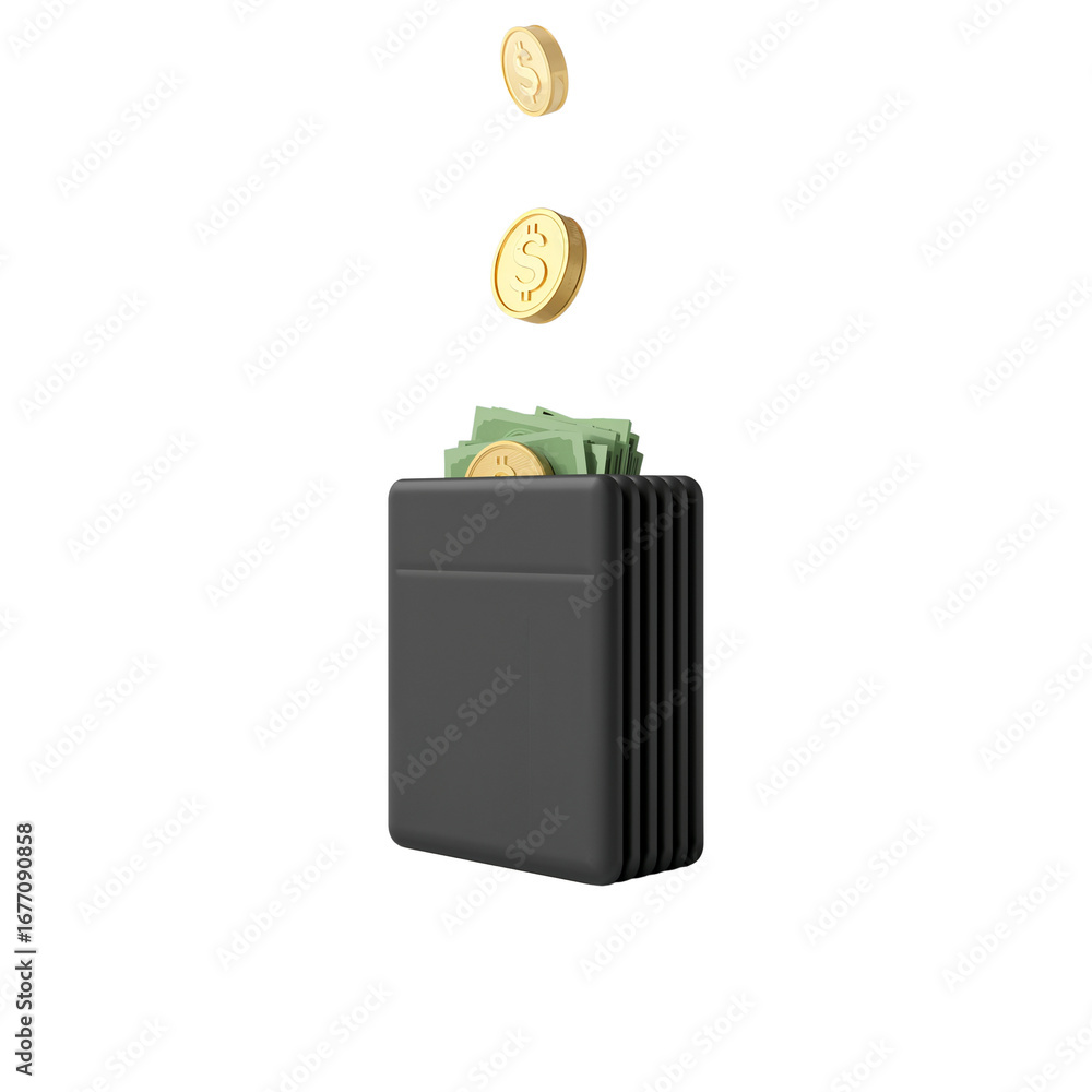 Poster Wallet overflowing with paper currency and floating golden coins on a neutral setting