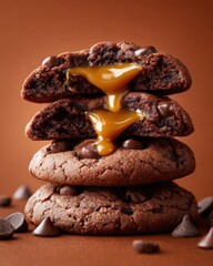 Stack of four freshly baked cookies with gooey melted caramel filling oozing from the middle