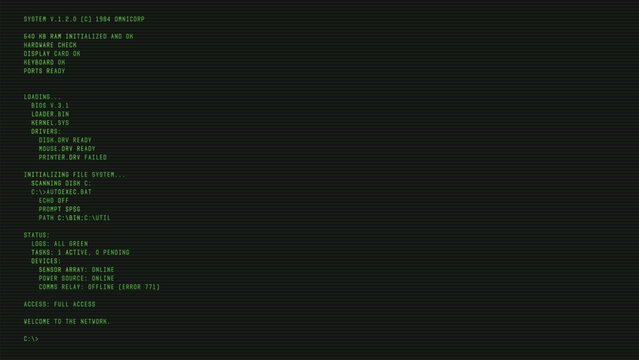 A vintage retro digital vector graphic overlay. Old green CRT screen overlay with system startup text. Green retro text on black screen. 80's retro display overlay.