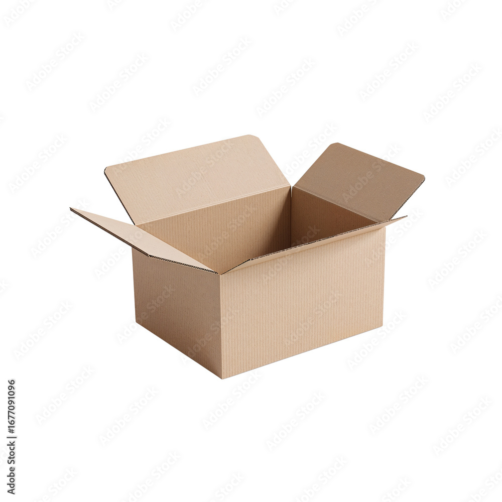 Aufkleber isolated cardboard box with flaps open offering a view of its interior space on transparent