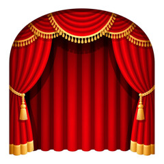 Rich Crimson Theater Curtain with Gold Tassels, Transparent Background, Elegant Design Element