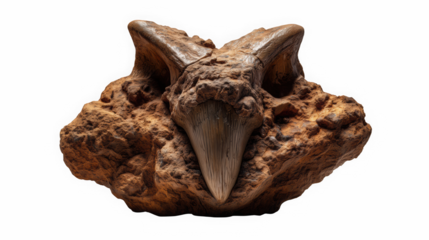 Fossil tooth embedded in rock isolated on black background