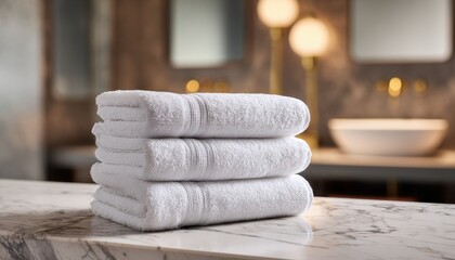 Stack of neatly folded white towels placed on a rustic wooden in a cozy bathroom setting with warm ambient lighting