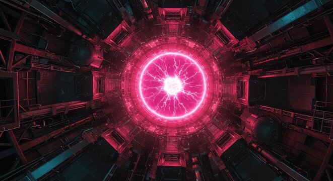 Experience the raw power of a futuristic energy core pulsing with vibrant pink lightning within a complex industrial chamber, evoking sci-fi innovation and advanced technology concepts.