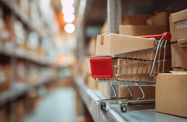 Stacked cardboard boxes and shopping baskets on a conveyor belt in a warehouse or retail environment