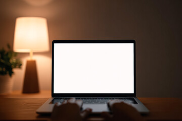 Fototapeta premium A dimly lit scene featuring a laptop with a blank screen, hands poised above the keyboard, and a soft lamp illuminating the background.