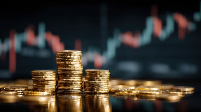 Stacked gold coins in front of a blurred financial chart displaying colorful upward and downward trends