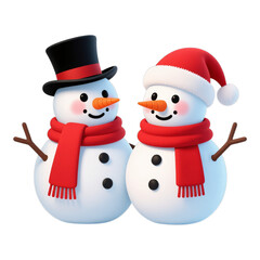 Snowmen with Red Scarves and Hats, 3D Realism Illustration on Transparent Background