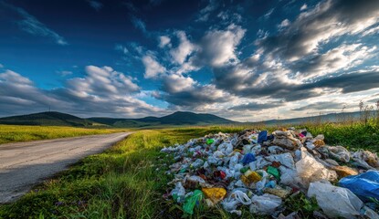 A roadside pile of plastic waste.  Trash, bags, bottles, and other debris litter a grassy verge beside a paved road, stretching to a distant mountain range beneath a partly cloudy sky