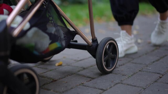 A closeup view of a stroller wheel as someone leisurely walks along a winding path in a beautiful park