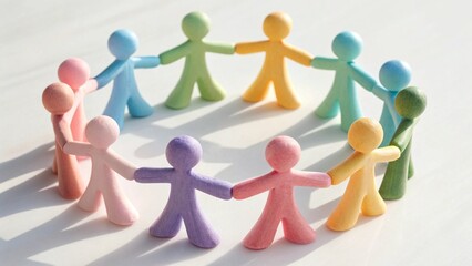 Flat Lay of Colorful Pastel Human Figurines Interlocked in Circular Pattern for Teamwork Concept