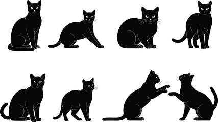 Cat silhouette vector set, feline poses, sitting, walking, crouching, grooming, playful interaction, black animal icons, editable clipart, isolated pet illustration