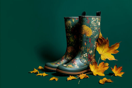 Fashionable dark green modern concept of women’s footwear, deep autumn boots in dark green color with a leaf print, stepping on yellow leaves. Illustration. Generative AI.
