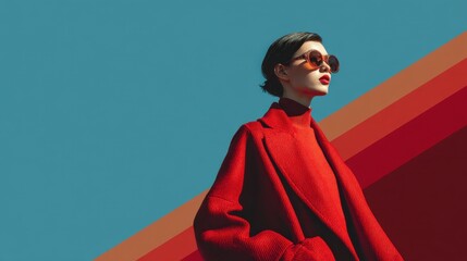 Stylish woman in vibrant red coat and sunglasses standing against colorful geometric background