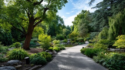 A well-maintained garden path winds through vibrant greenery, showcasing a variety of foliage and trees under a sunny sky.