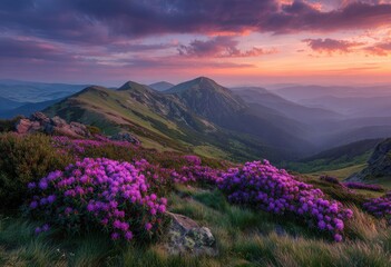 Majestic mountaintop blanketed in vibrant purple rhododendrons at sunset. Lush greenery and rocky terrain, dramatic clouds
