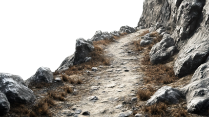 Rocky mountain trail with dry grass and stones, isolated on transparent cutout background