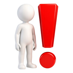 White 3D Stick Figure with Red Glossy Exclamation Mark and Red Button on Transparent Background, 3D Realism Design Element