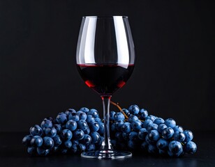 A beautifully arranged glass of red wine beside fresh blue grapes on a dark background.