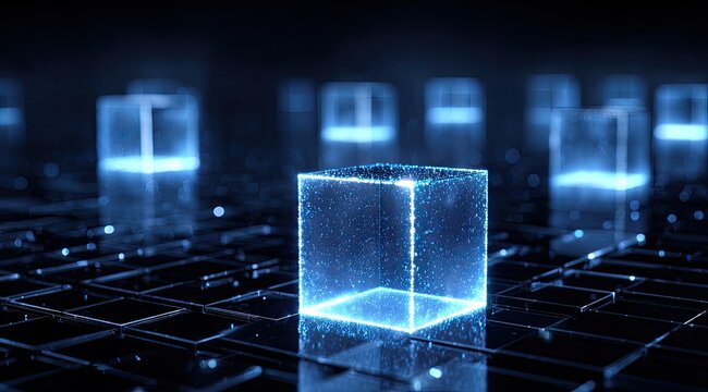 Abstract digital cubes with glowing particles.  Dark background,  blue light effects on transparent cubes on a grid-like surface - Powered by Adobe