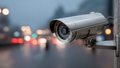 Security camera on city street at night